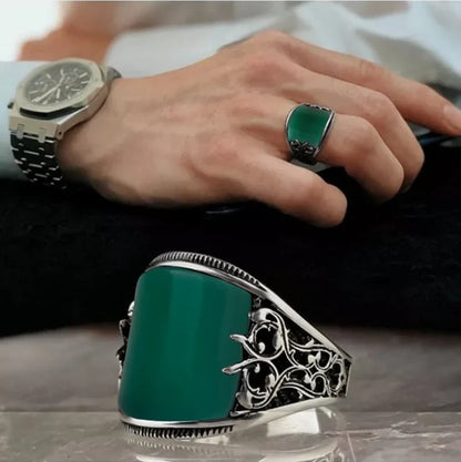 Gental Gems by Karat Kings | Unique Turkish Style Curved Ring with Green Onyx |  Sterling Silver Oxidized Ring