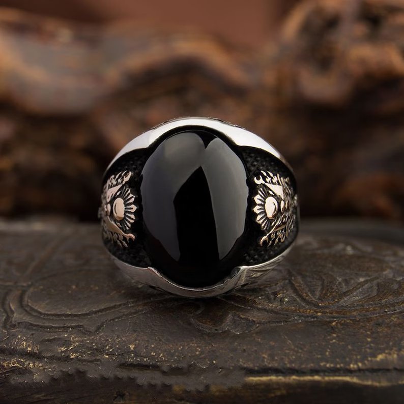 Gental Gems by Karat Kings | Unique Turkish Style Ring with Natural Black Onyx | Black Rhodium & Gold Plated  Sterling Silver Ring
