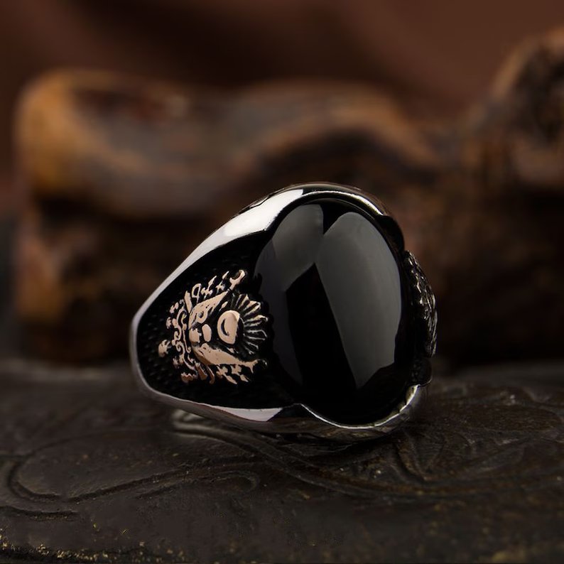 Gental Gems by Karat Kings | Unique Turkish Style Ring with Natural Black Onyx | Black Rhodium & Gold Plated  Sterling Silver Ring