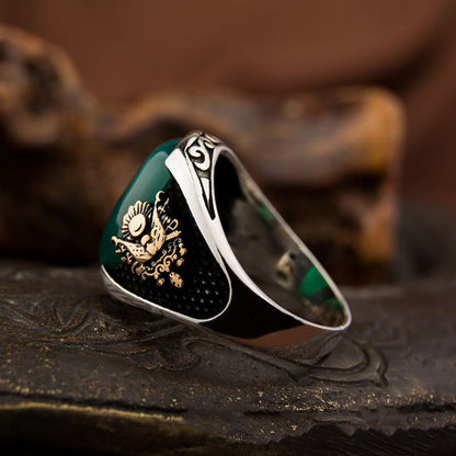 Gental Gems by Karat Kings | Unique Designed Turkish Style Ring with Green Onyx  |  Sterling Silver Gold Plated Ring | Men's Jewelry | With Certificate of Authenticity and  Hallmark