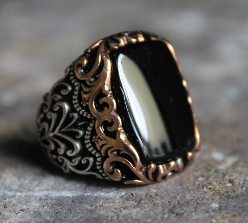 Gental Gems by Karat Kings | Unique Turkish Style Ring with Natural Black Onyx |  Sterling Silver Oxidized Ring