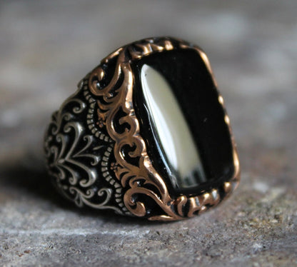 Gental Gems by Karat Kings | Unique Turkish Style Ring with Natural Black Onyx |  Sterling Silver Oxidized Ring