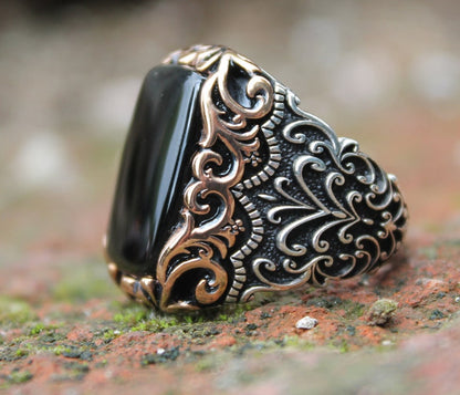 Gental Gems by Karat Kings | Unique Turkish Style Ring with Natural Black Onyx |  Sterling Silver Oxidized Ring