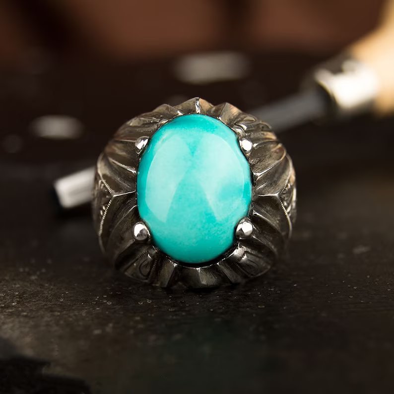 Gental Gems by Karat Kings | Unique Designed Turkish Style Ring with Natural Irani Turquoise (Firoza) |  Sterling Silver Oxidized Ring | Men's Jewelry | With Certificate of Authenticity and  Hallmark