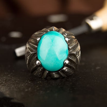 Gental Gems by Karat Kings | Unique Designed Turkish Style Ring with Natural Irani Turquoise (Firoza) |  Sterling Silver Oxidized Ring | Men's Jewelry | With Certificate of Authenticity and  Hallmark