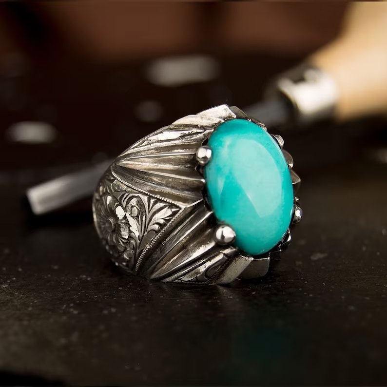 Gental Gems by Karat Kings | Unique Designed Turkish Style Ring with Natural Irani Turquoise (Firoza) |  Sterling Silver Oxidized Ring | Men's Jewelry | With Certificate of Authenticity and  Hallmark