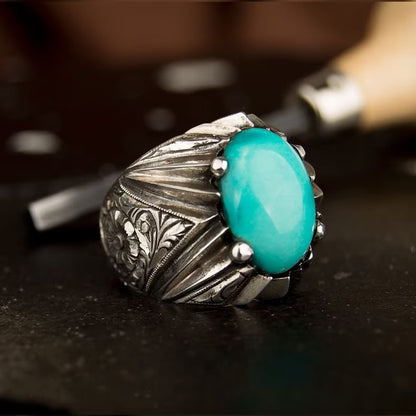 Gental Gems by Karat Kings | Unique Designed Turkish Style Ring with Natural Irani Turquoise (Firoza) |  Sterling Silver Oxidized Ring | Men's Jewelry | With Certificate of Authenticity and  Hallmark