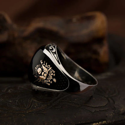 Gental Gems by Karat Kings | Unique Turkish Style Ring with Natural Black Onyx | Black Rhodium & Gold Plated  Sterling Silver Ring