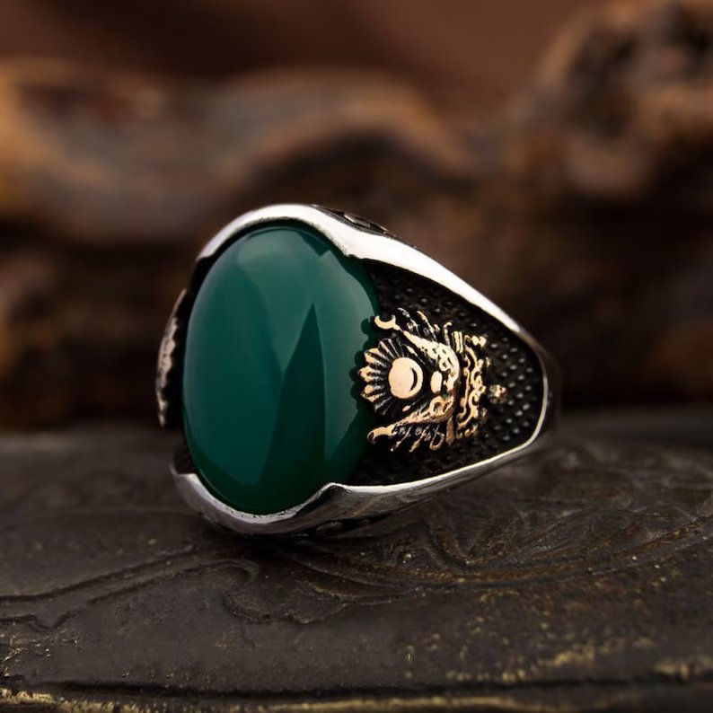 Gental Gems by Karat Kings | Unique Designed Turkish Style Ring with Green Onyx  |  Sterling Silver Gold Plated Ring | Men's Jewelry | With Certificate of Authenticity and  Hallmark