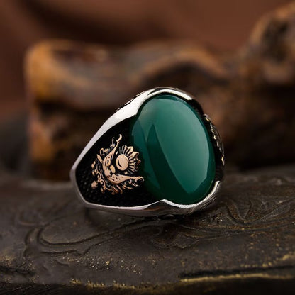 Gental Gems by Karat Kings | Unique Designed Turkish Style Ring with Green Onyx  |  Sterling Silver Gold Plated Ring | Men's Jewelry | With Certificate of Authenticity and  Hallmark