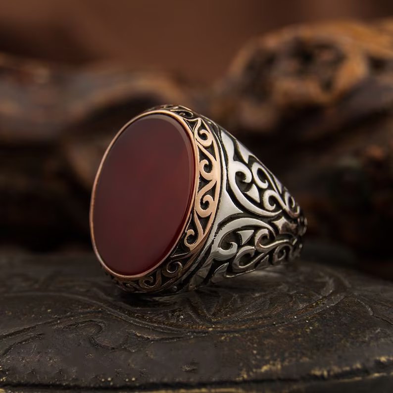 Gental Gems by Karat Kings | Unique Turkish Style Ring with Natural Red Agate |  Sterling Silver Oxidized Ring