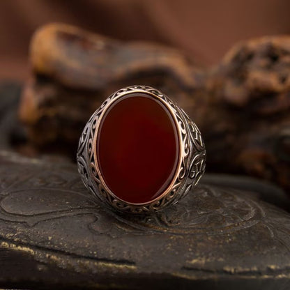 Gental Gems by Karat Kings | Unique Turkish Style Ring with Natural Red Agate |  Sterling Silver Oxidized Ring