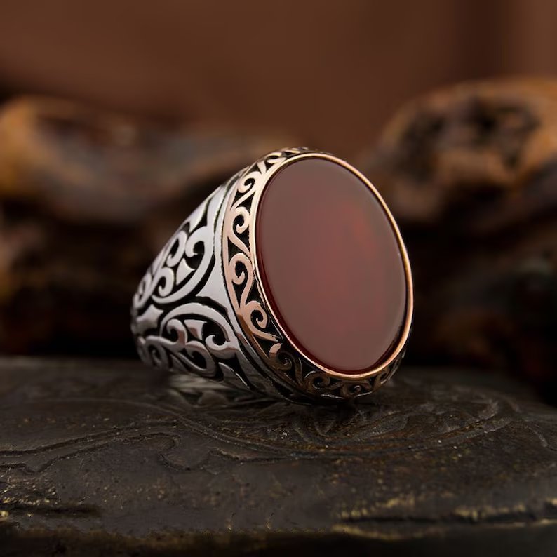 Gental Gems by Karat Kings | Unique Turkish Style Ring with Natural Red Agate |  Sterling Silver Oxidized Ring