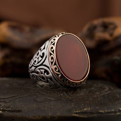 Gental Gems by Karat Kings | Unique Turkish Style Ring with Natural Red Agate |  Sterling Silver Oxidized Ring