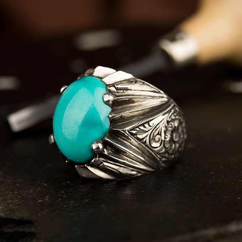 Gental Gems by Karat Kings | Unique Designed Turkish Style Ring with Natural Irani Turquoise (Firoza) |  Sterling Silver Oxidized Ring | Men's Jewelry | With Certificate of Authenticity and  Hallmark