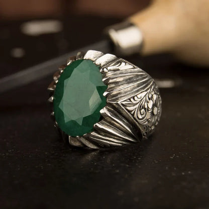 Gental Gems by Karat Kings | Unique Designed Turkish Style Ring with Emerald |  Sterling Silver Oxidized Ring | Men's Jewelry | With Certificate of Authenticity and  Hallmark