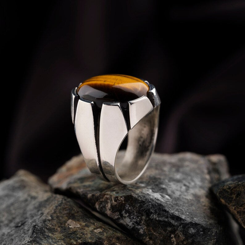 Gental Gems by Karat Kings | Unique Designed Turkish Style Ring with Natural Tiger Eye  |  Sterling Silver Oxidized Ring | Men's Jewelry | With Certificate of Authenticity and  Hallmark