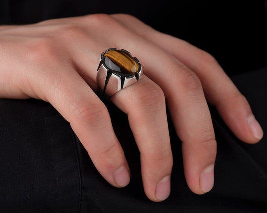 Gental Gems by Karat Kings | Unique Designed Turkish Style Ring with Natural Tiger Eye  |  Sterling Silver Oxidized Ring | Men's Jewelry | With Certificate of Authenticity and  Hallmark