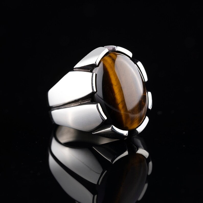 Gental Gems by Karat Kings | Unique Designed Turkish Style Ring with Natural Tiger Eye  |  Sterling Silver Oxidized Ring | Men's Jewelry | With Certificate of Authenticity and  Hallmark