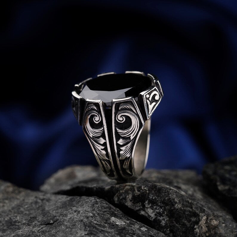 Gental Gems by Karat Kings | Unique Turkish Style Ring with Natural Black Onyx | Black Rhodium & Gold Plated  Sterling Silver Ring
