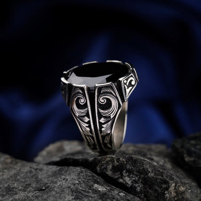 Gental Gems by Karat Kings | Unique Turkish Style Ring with Natural Black Onyx | Black Rhodium & Gold Plated  Sterling Silver Ring