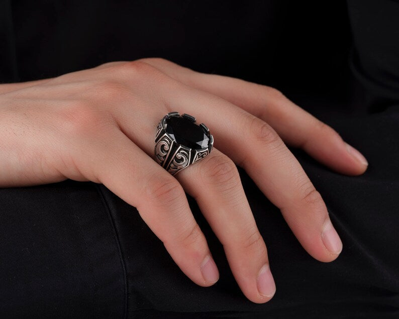 Gental Gems by Karat Kings | Unique Turkish Style Ring with Natural Black Onyx | Black Rhodium & Gold Plated  Sterling Silver Ring