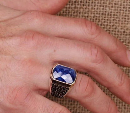 Gental Gems by Karat Kings | Unique Turkish Style Ring with Natural Blue Lapis Lazuli |  Sterling Silver Oxidized Ring | Men's Jewelry | With Certificate of Authenticity and  Hallmark