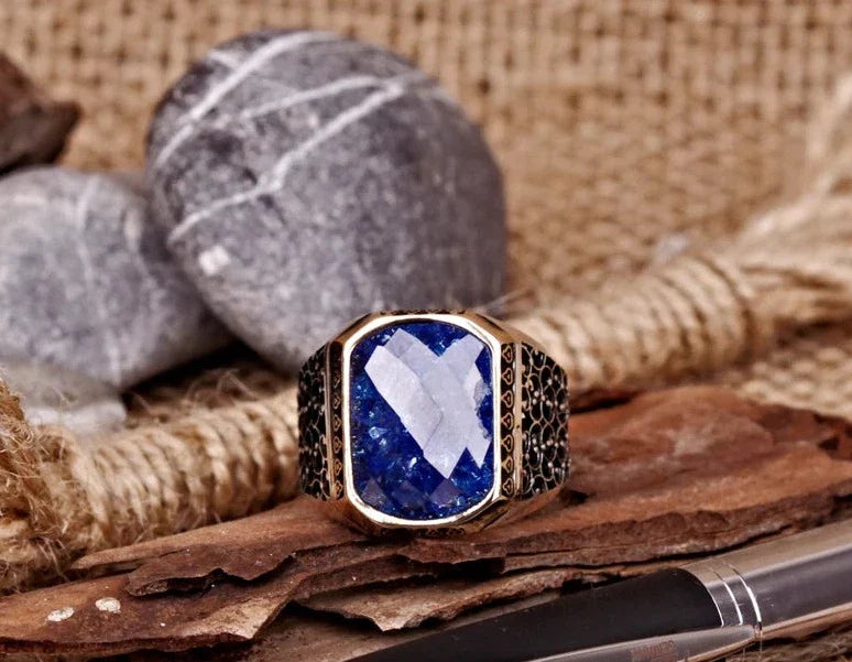 Gental Gems by Karat Kings | Unique Turkish Style Ring with Natural Blue Lapis Lazuli |  Sterling Silver Oxidized Ring | Men's Jewelry | With Certificate of Authenticity and  Hallmark