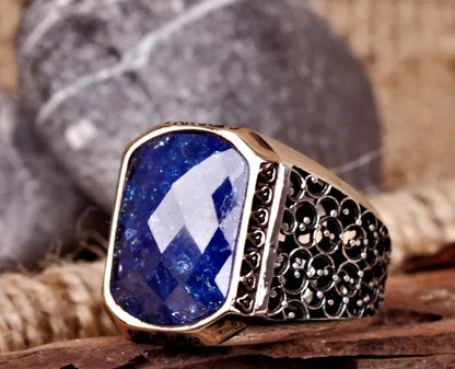 Gental Gems by Karat Kings | Unique Turkish Style Ring with Natural Blue Lapis Lazuli |  Sterling Silver Oxidized Ring | Men's Jewelry | With Certificate of Authenticity and  Hallmark