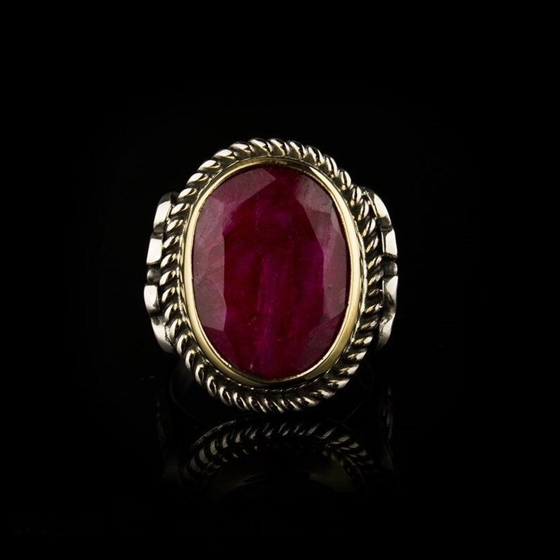 Gental Gems by Karat Kings | Unique Designed Turkish Style Heavy Ring with Natural Red Ruby GOLD PLATED Micron Plated  Sterling Silver Oxidized Ring