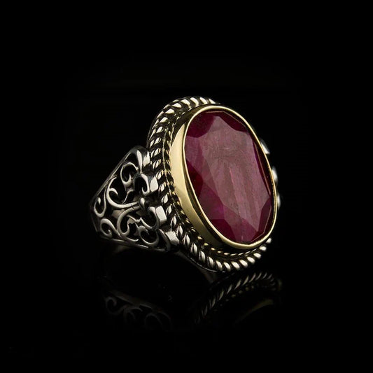 Gental Gems by Karat Kings | Unique Designed Turkish Style Heavy Ring with Natural Red Ruby |  Gold Micron Plated  Sterling Silver Oxidized Ring | Men's Jewelry | With Certificate of Authenticity and  Hallmark