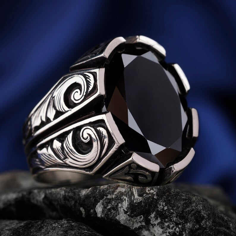 Gental Gems by Karat Kings | Unique Turkish Style Ring with Natural Black Onyx | Black Rhodium & Gold Plated  Sterling Silver Ring
