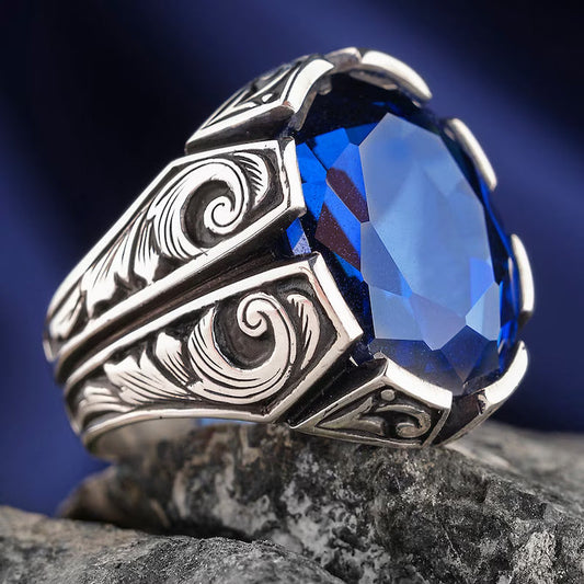 Gental Gems by Karat Kings | Unique Turkish Style Ring with Srilankan Blue Sapphire |  Sterling Silver Oxidized Ring | Men's Jewelry | With Certificate of Authenticity and  Hallmark