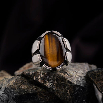 Gental Gems by Karat Kings | Unique Designed Turkish Style Ring with Natural Tiger Eye  |  Sterling Silver Oxidized Ring