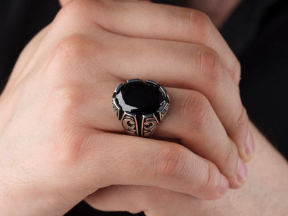 Gental Gems by Karat Kings | Unique Turkish Style Ring with Natural Black Onyx | Black Rhodium & Gold Plated  Sterling Silver Ring