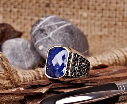 Gental Gems by Karat Kings | Unique Turkish Style Ring with Natural Blue Lapis Lazuli |  Sterling Silver Oxidized Ring | Men's Jewelry | With Certificate of Authenticity and  Hallmark