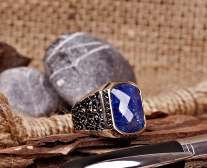 Gental Gems by Karat Kings | Unique Turkish Style Ring with Natural Blue Lapis Lazuli |  Sterling Silver Oxidized Ring | Men's Jewelry | With Certificate of Authenticity and  Hallmark