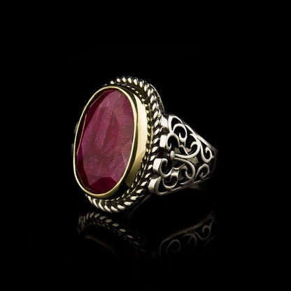 Gental Gems by Karat Kings | Unique Designed Turkish Style Heavy Ring with Natural Red Ruby |  Gold Micron Plated  Sterling Silver Oxidized Ring