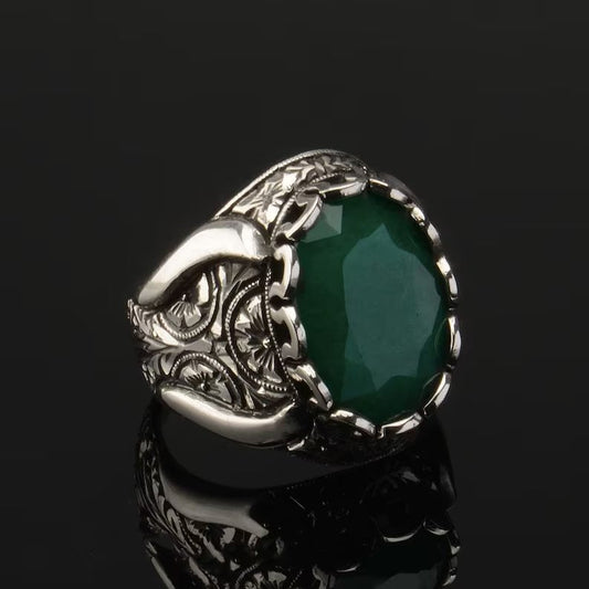 Gental Gems by Karat Kings | Unique Designed Turkish Style Ring with Emerald |  Sterling Silver Oxidized Ring | Men's Jewelry | With Certificate of Authenticity and  Hallmark