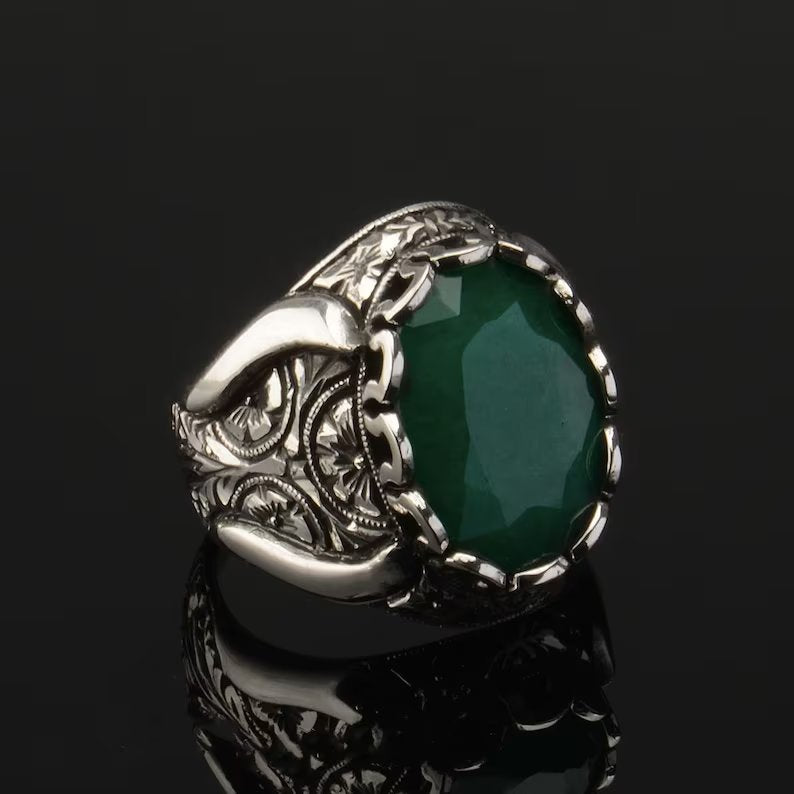 Gental Gems by Karat Kings | Unique Designed Turkish Style Ring with Emerald |  Sterling Silver Oxidized Ring | Men's Jewelry | With Certificate of Authenticity and  Hallmark