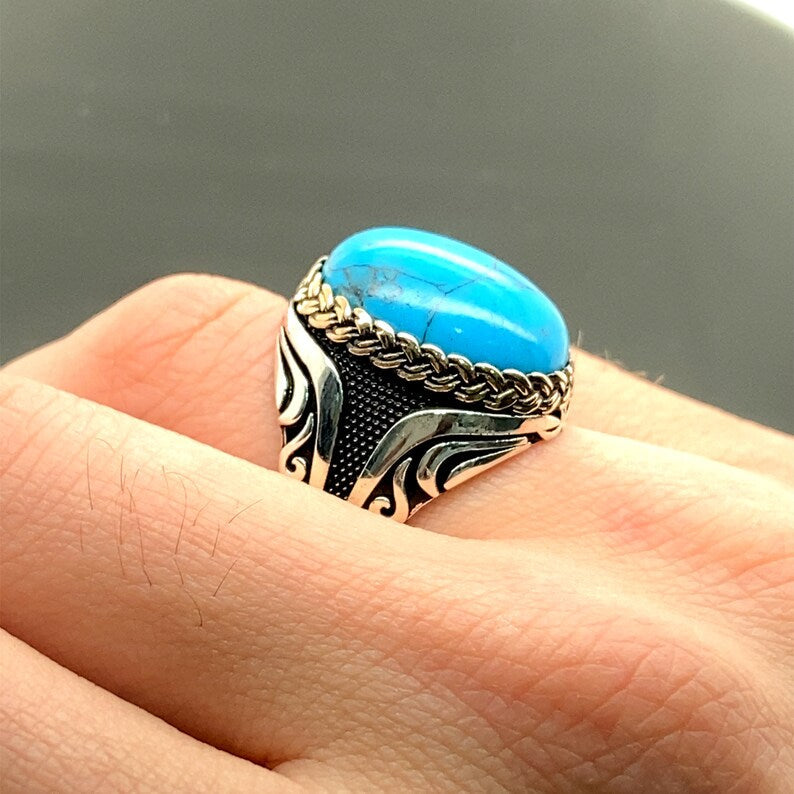 Gental Gems by Karat Kings | Unique Designed Turkish Style Ring with Natural IraniTurquoise (Firoza) |  Sterling Silver Oxidized Ring