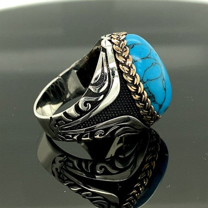 Gental Gems by Karat Kings | Unique Designed Turkish Style Ring with Natural IraniTurquoise (Firoza) |  Sterling Silver Oxidized Ring