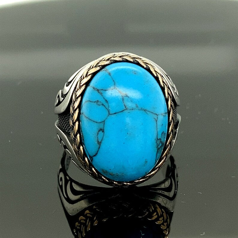 Gental Gems by Karat Kings | Unique Designed Turkish Style Ring with Natural IraniTurquoise (Firoza) |  Sterling Silver Oxidized Ring