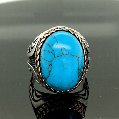 Gental Gems by Karat Kings | Unique Designed Turkish Style Ring with Natural IraniTurquoise (Firoza) |  Sterling Silver Oxidized Ring