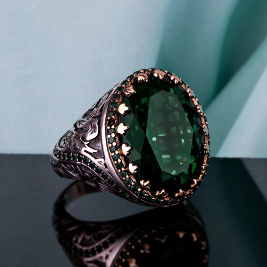 Unique Designed Turkish Style Ring with Natural Emerald |  Sterling Silver Oxidized Ring | Men's Jewelry | With Certificate of Authenticity and  Hallmark
