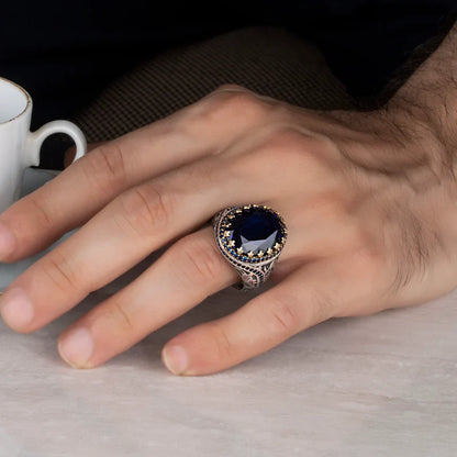 Gental Gems by Karat Kings | Unique Turkish Style Ring with Blue S Sapphire |  Sterling Silver Oxidized Ring | Men's Jewelry | With Certificate of Authenticity and  Hallmark
