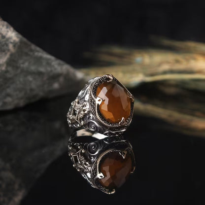 Gental Gems by Karat Kings | Unique Designed Turkish Style Ring with Natural Tiger Eye  |  Sterling Silver Oxidized Ring