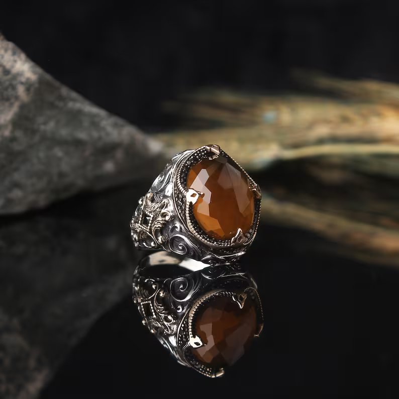 Gental Gems by Karat Kings | Unique Designed Turkish Style Ring with Natural Tiger Eye  |  Sterling Silver Oxidized Ring