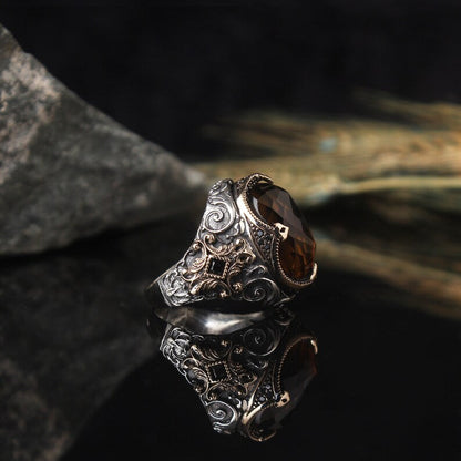 Gental Gems by Karat Kings | Unique Designed Turkish Style Ring with Natural Tiger Eye  |  Sterling Silver Oxidized Ring