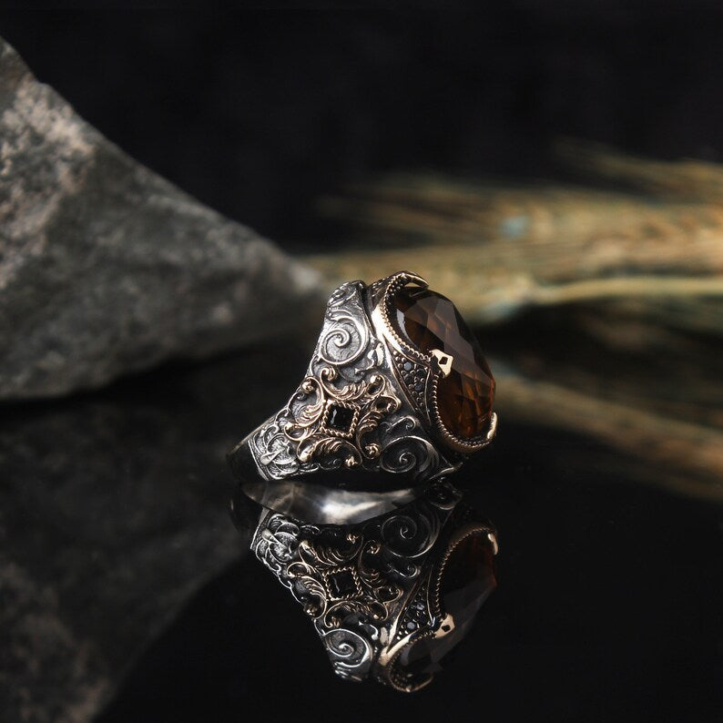 Gental Gems by Karat Kings | Unique Designed Turkish Style Ring with Natural Tiger Eye  |  Sterling Silver Oxidized Ring